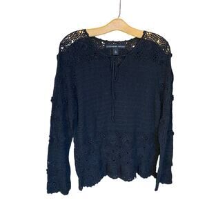 Josephine Chaus XL Black Crochet Knit Boho Festival Top Ramie Blend